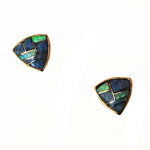 Bronze Post Earrings- Denim Lapis & Opal Inlay