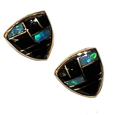 Bronze Post Earrings- Black Onyx & Opal Inlay