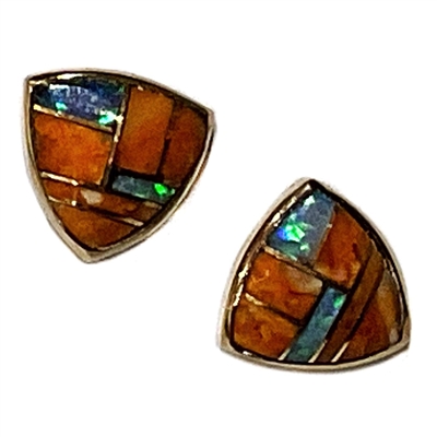 Bronze Post Earrings- Spiny Oyster & Opal Inlay