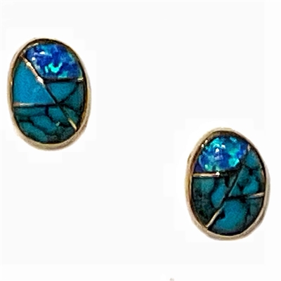 Bronze Post Earrings- Turquoise & Opal Inlay