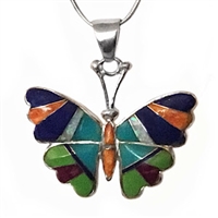 Sterling Silver Butterfly Pendant- Multi Stone Inlay