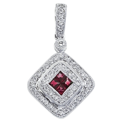 14K White Gold Ruby & Diamond Vintage Style Pendant