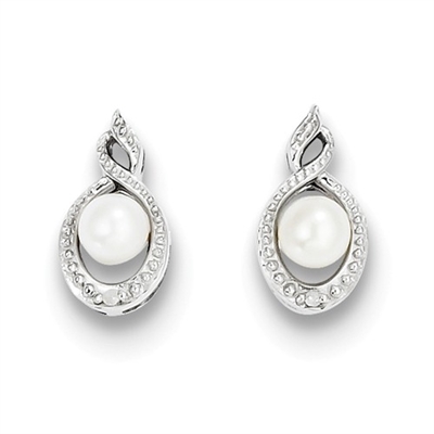 Sterling Silver Pearl & Diamond Post Earrings- June Birthstone