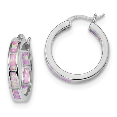 Sterling Silver Hoop Earrings- Lab Created Pink Opal