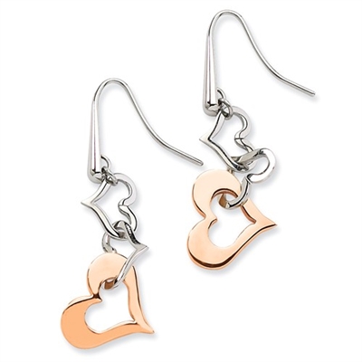 Stainless Steel & Rose Plated Heart Dangle Earrings