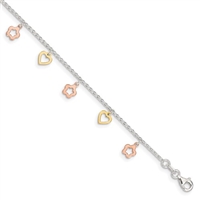 Sterling Silver Yellow & Rose Gold Plated Heart/Flower Anklet
