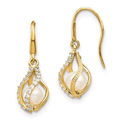 14k Dangle Earrings with Caged Freshwater Pearls & Cubic Zirconia