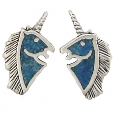 Sterling Silver Post Earring-Unicorn Head with Blue Inlay