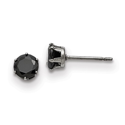 Stainless Steel Polished 6mm Black Round CZ Stud Post Earrings