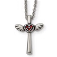 Stainless Steel Necklace- Winged Cross with Red Crystals