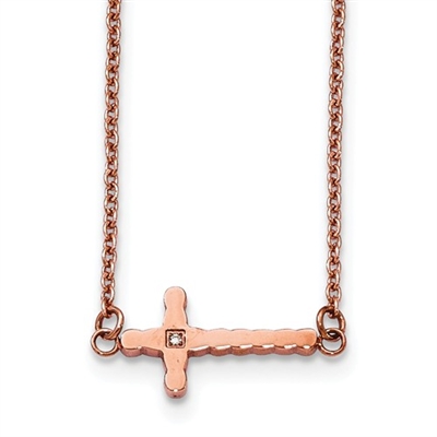 Rose Gold IP Plated Stainless Steel Necklace- Sideways Cross