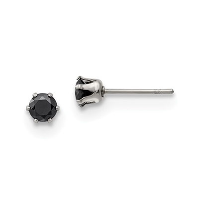 Stainless Steel Polished 4mm Black Round CZ Stud Post Earrings