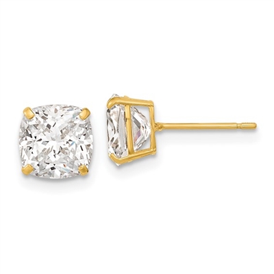 14K Yellow Gold 7mm Cushion Cut CZ Post Earring