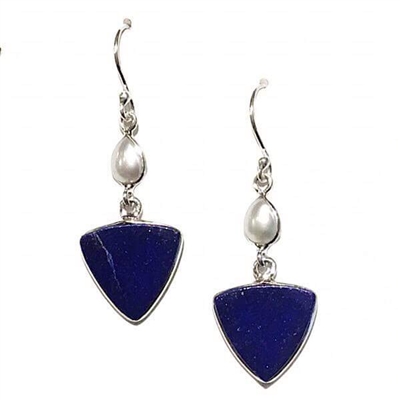 Sterling Silver Drop Earrings- Afghani Lapis Lazuli & Freshwater Pearl