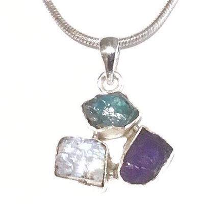 Sterling Silver Pendant- Rough Cut Tanzanite, Moonstone & Apatite