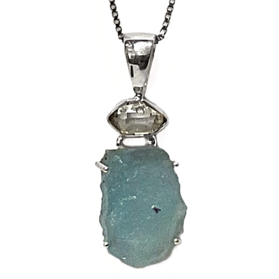 Sterling Silver Pendant- Rough Cut Aquamarine & Herkimer Diamond