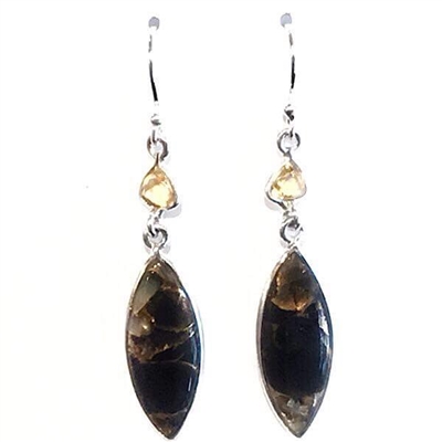 Sterling Silver Dangle Earrings- Black Turquoise with Shell & Citrine