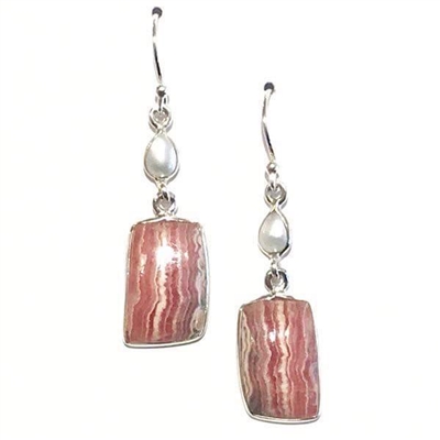 Sterling Silver Dangle Earrings- Rhodochrosite & Freshwater Pearl