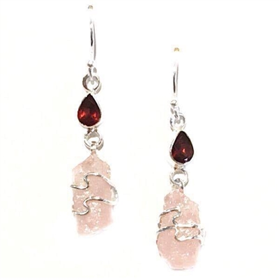 Sterling Silver Dangle Earrings- Rough Cut Morganite & Garnet