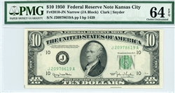 2010-JN Narrow, $10 Federal Reserve Note Kansas City, 1950