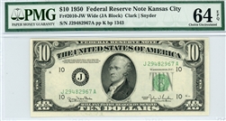2010-JW Wide, $10 Federal Reserve Note Kansas City, 1950
