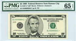 1987-J* (BJ* Block), $5 Federal Reserve Note Kansas City, 1999