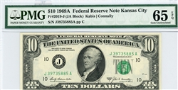 2019-J (JA Block), $10 Federal Reserve Note Kansas City, 1969A