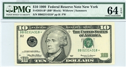 2034-B* (BB* Block), $10 Federal Reserve Note New York, 1999