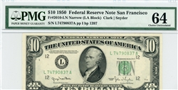 2010-LN Narrow (LA Block), $10 Federal Reserve Note San Francisco, 1950