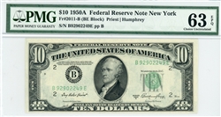 2011-B (BE Block), $10 Federal Reserve Note New York, 1950A