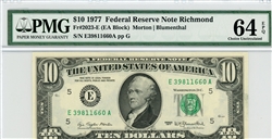 2023-E (EA Block), $10 Federal Reserve Note Richmond, 1977