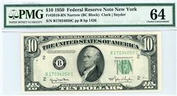 2010-BN Narrow (BC Block), $10 Federal Reserve Note New York, 1950
