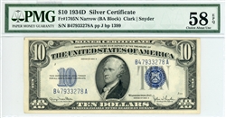 1705N Narrow (BA Block), $10 Silver Certificate, 1934D