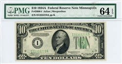 2006-I, $10 Federal Reserve Note Minneapolis, 1934A