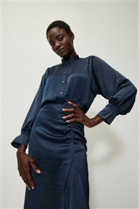 petrol blue blouse with smock details Feminine blouse in flowing techno-silk