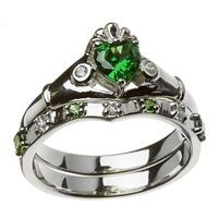 10k White Gold Green & White CZ Claddagh Ring Wedding Ring Set