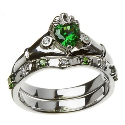 10k White Gold Green & White CZ Claddagh Ring Wedding Ring Set