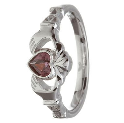 10k White Gold January Real Garnet Birthstone Claddagh Ring 11mm