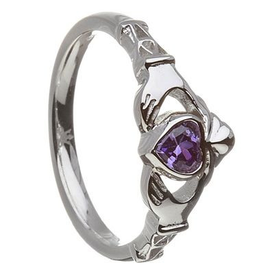 14k White Gold February CZ Amethyst Birthstone Claddagh Ring 11mm