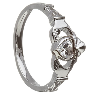 Sterling Silver April Cubic Zirconia Birthstone Claddagh Ring 11mm