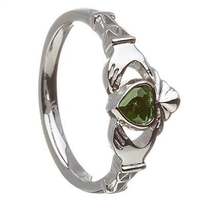 10k White Gold May CZ Emerald Birthstone Claddagh Ring 11mm