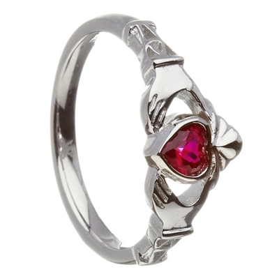 10k White Gold July Ruby (Synthetic) Birthstone Claddagh Ring 11mm