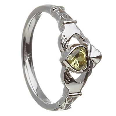 Sterling Silver August Synthetic Peridot Birthstone Claddagh Ring 11mm