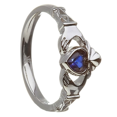 10k White Gold September CZ Sapphire Birthstone Claddagh Ring 11mm