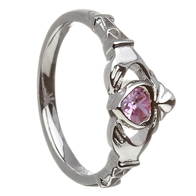 Sterling Silver October Synthetic Tourmaline Birthstone Claddagh Ring 11mm