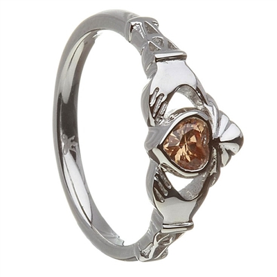 10k White Gold November CZ Citrine Birthstone Claddagh Ring 11mm