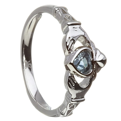 10k White Gold December Blue CZ Topaz Birthstone Claddagh Ring 11mm