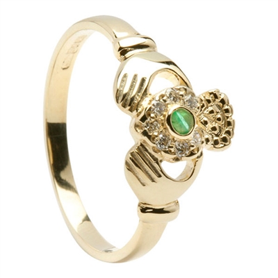 10k Yellow Gold Emerald & Diamond Claddagh Ring 10mm