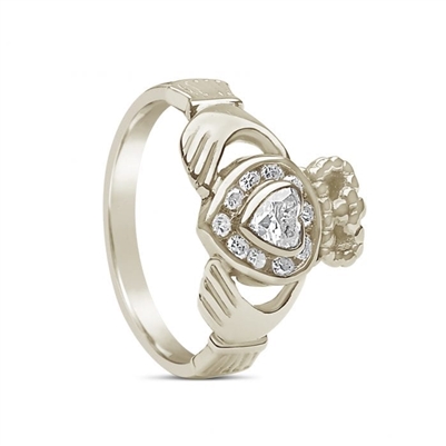 10k White Gold Diamond Claddagh Ring 12.4mm