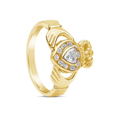 14k Yellow Gold Diamond Claddagh Ring 12.4mm